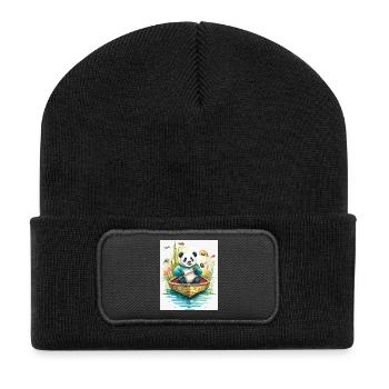 Panda-Ruderboot in Blüte - Recycelte Patch Beanie - Schwarz - Vorne