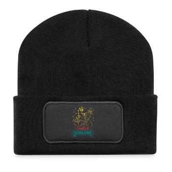 Endlich Schulkind Dino mit Blume - Recycelte Patch Beanie - Schwarz - Vorne