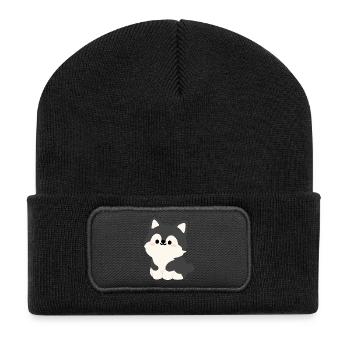 Kawaii Husky-Welpen-Illustration - Recycelte Patch Beanie - Schwarz - Vorne