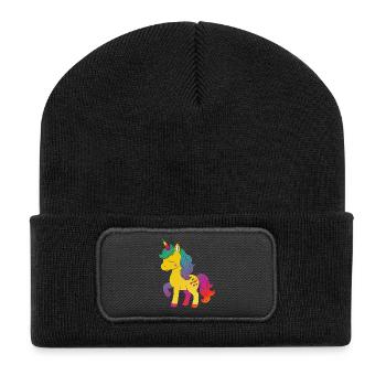 Regenbogen Einhorn Cartoon Design - Recycelte Patch Beanie - Schwarz - Vorne