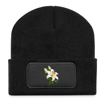 Weiße Lilienblüte mit Tau - Recycelte Patch Beanie - Schwarz - Vorne