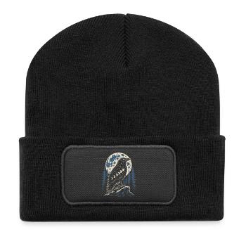 Nordischer Rabe mit Mondphasen Symbol - Recycelte Patch Beanie - Schwarz - Vorne