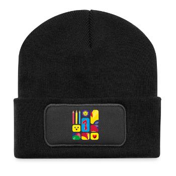 Bunte eins zum Geburtstag oder zur Grundschulzeit. - Recycelte Patch Beanie - Schwarz - Vorne