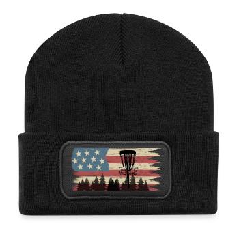 Disc Golf US Flagge Vintage Frisbee Golf - Recycelte Patch Beanie - Schwarz - Vorne