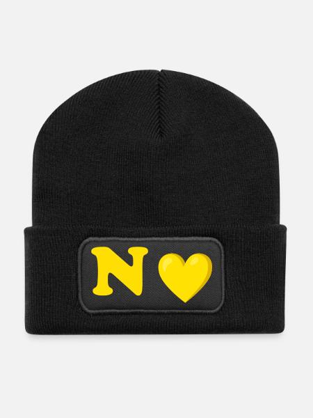 Gelbes Herz-Buchstaben-Design - Recycelte Patch Beanie - Schwarz