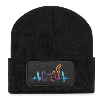 Katze EKG Herzschlag Regenbogen Motiv - Recycelte Patch Beanie - Schwarz - Vorne