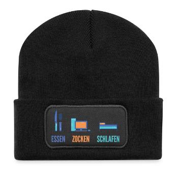 Essen Zocken Schlafen Gamer Spruch - Recycelte Patch Beanie - Schwarz - Vorne