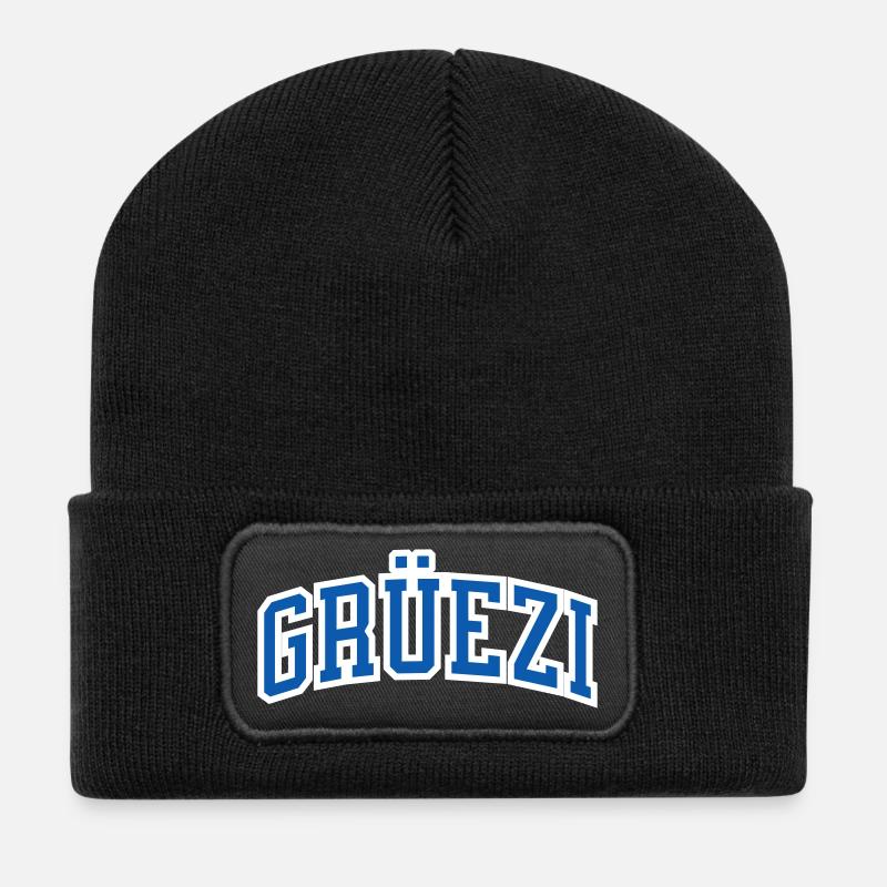 Grüezi en bleu avec bordure blanche, Suisse bonjour - Beanie recyclé à patch - noir