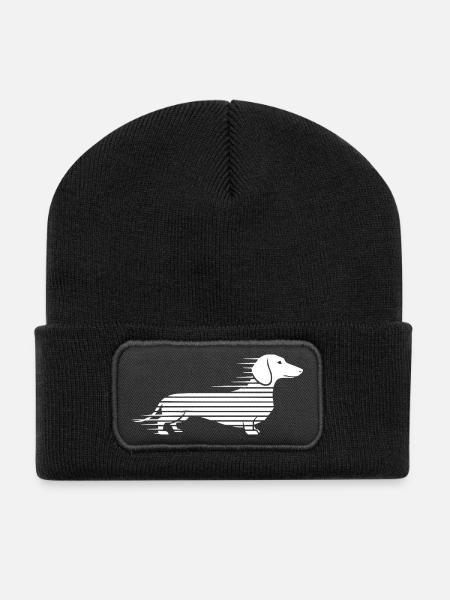 Gestreifter Dackel im Lauf - Recycelte Patch Beanie - Schwarz