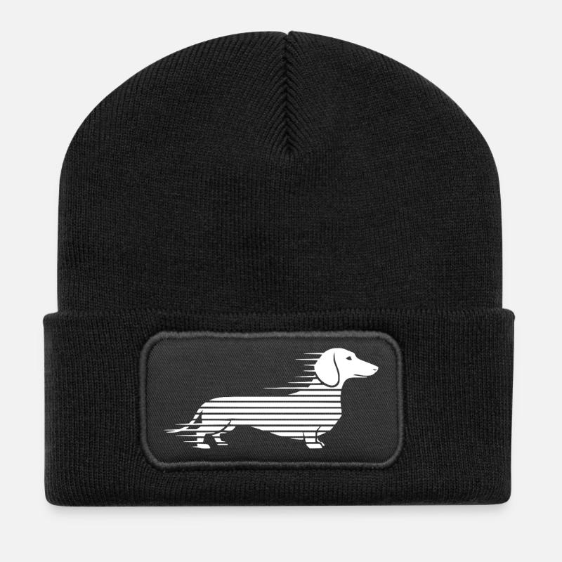 Gestreifter Dackel im Lauf - Recycelte Patch Beanie - Schwarz