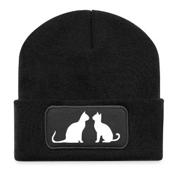 Weiße Katze 2 Katzen Silhouetten Geschenk  - Recycelte Patch Beanie - Schwarz - Vorne
