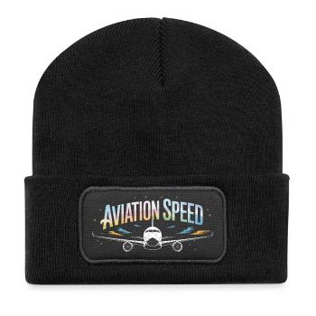 Flugdruck von Passagierflugzeugen mit Fluggeschwindigkeit - Recycelte Patch Beanie - Schwarz - Vorne