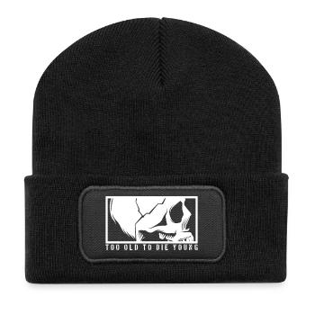 TOO OLD TO DIE YOUNG Totenkopf Skelett Rocker - Recycelte Patch Beanie - Schwarz - Vorne