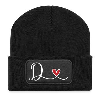Buchstabe D mit Herz  Initialen Monogramm - Recycelte Patch Beanie - Schwarz - Vorne