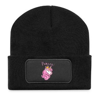 Majestätischer Einhorn-Kronen-Print - Recycelte Patch Beanie - Schwarz - Vorne