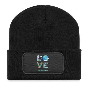 Liebe den Planeten - Recycelte Patch Beanie - Schwarz - Vorne