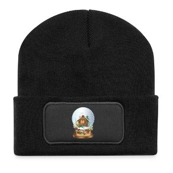 beautiful nostalgic snow globe with log cabin - Recycled Patch Beanie - black - Front