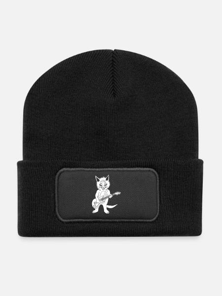 Chat blanc guitariste - Beanie recyclé à patch - noir