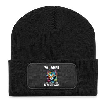 Katze 70 Geburtstag Kater Katzen Spruch - Recycelte Patch Beanie - Schwarz - Vorne