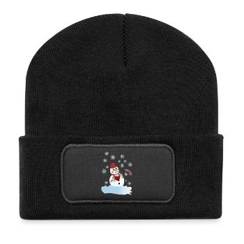 Schneemann und heiße Schokolade zu Weihnachten - Recycelte Patch Beanie - Schwarz - Vorne
