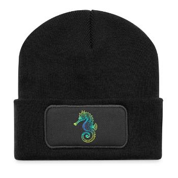 Seepferdchen Farbverlauf Blau Gelb Tribal Grün - Recycelte Patch Beanie - Schwarz - Vorne