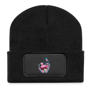 Eleganter Flamingo mit tropischen Blumen. - Recycelte Patch Beanie - Schwarz - Vorne