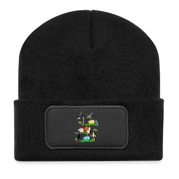 die bunte Welt der Vögel Seerosen Libelle - Recycelte Patch Beanie - Schwarz - Vorne