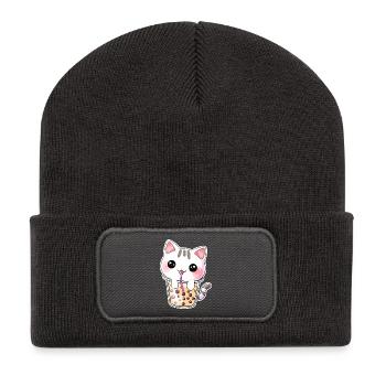 Kawaii Bubble Tea Chat - Beanie recyclé à patch - charbon - Devant