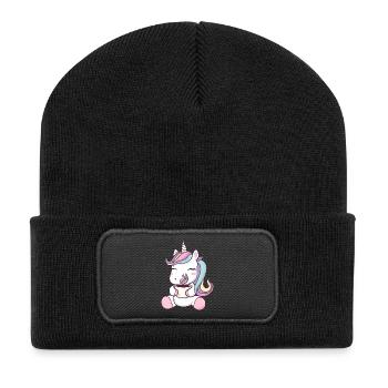 Süßes Einhorn mit Kaffeetasse - skurriler Cartoon - Recycelte Patch Beanie - Schwarz - Vorne