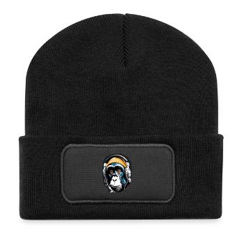 Musik Affe Schimpanse Kopfhoerer als Geschenkidee - Recycelte Patch Beanie - Schwarz - Vorne