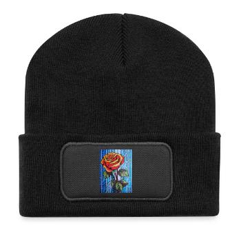 Pop Art Einzelne rote Rose graphisch stilisiert - Recycelte Patch Beanie - Schwarz - Vorne