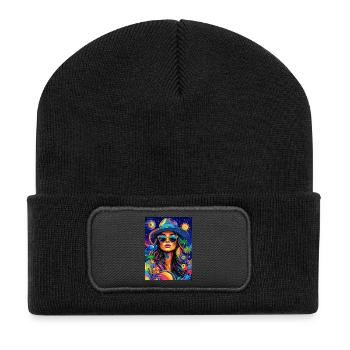 Frau Planeten Palmen Farbe - Recycelte Patch Beanie - Schwarz - Vorne