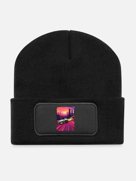 Neon City Car Chase Illustration - Recycled Patch Beanie - black
