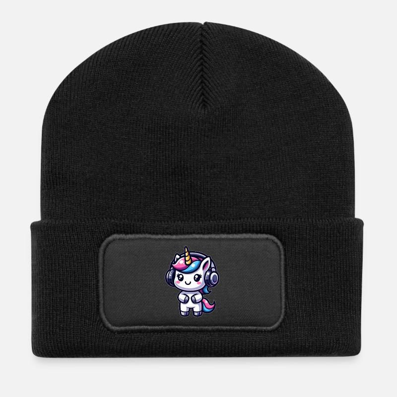 Licorne avec casque - Beanie recyclé à patch - noir