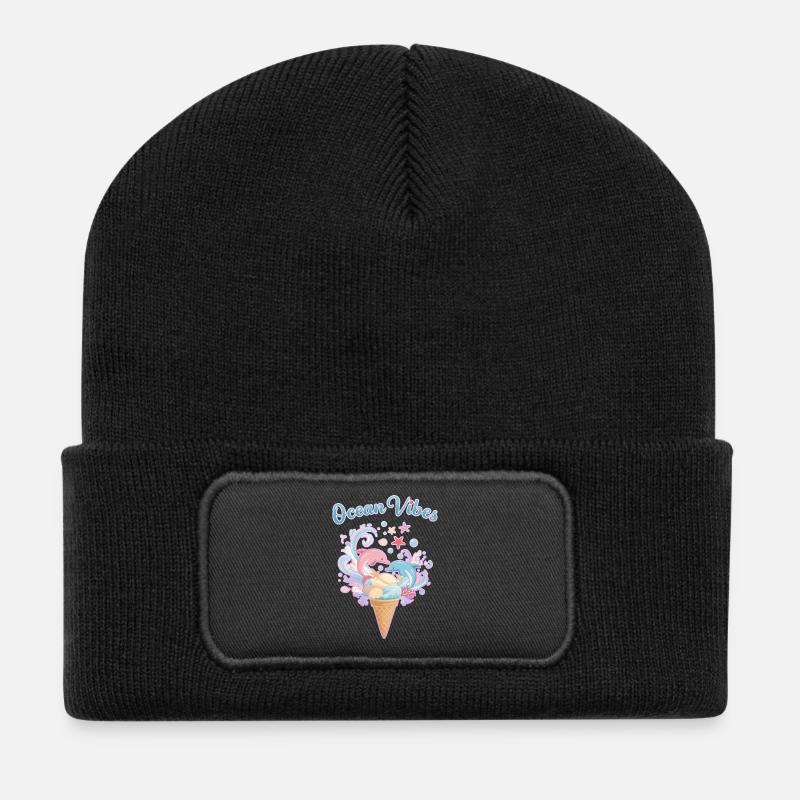Eiscreme & Delfine Design 🍦🐬🐬 - Recycelte Patch Beanie - Schwarz