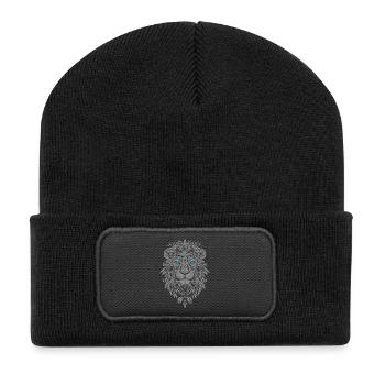 Silberne Löwe Gesicht Blaue Augen - Recycelte Patch Beanie - Schwarz - Vorne