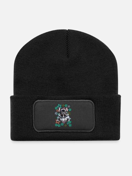 Retro French Bulldog Dog - Recycled Patch Beanie - black