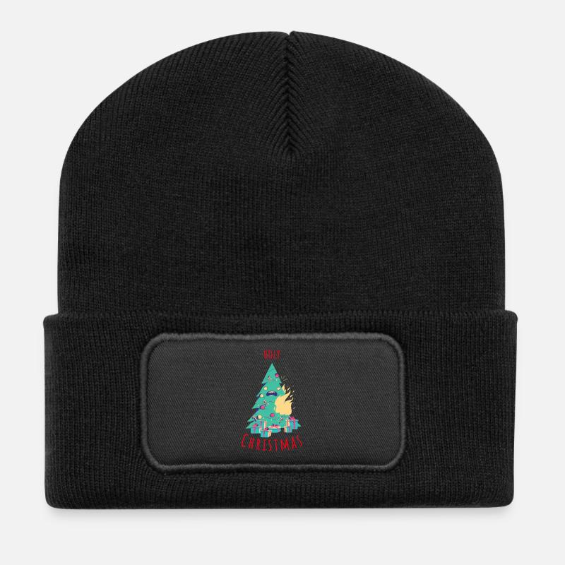 Komische Weihnachtsbaum Illustration - Recycelte Patch Beanie - Schwarz