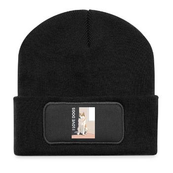 Hundeporträt mit Love Botschaft - Recycelte Patch Beanie - Schwarz - Vorne