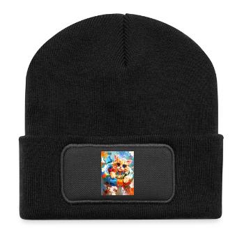 Coole Katze im bunten Schwimmreifen - Recycelte Patch Beanie - Schwarz - Vorne