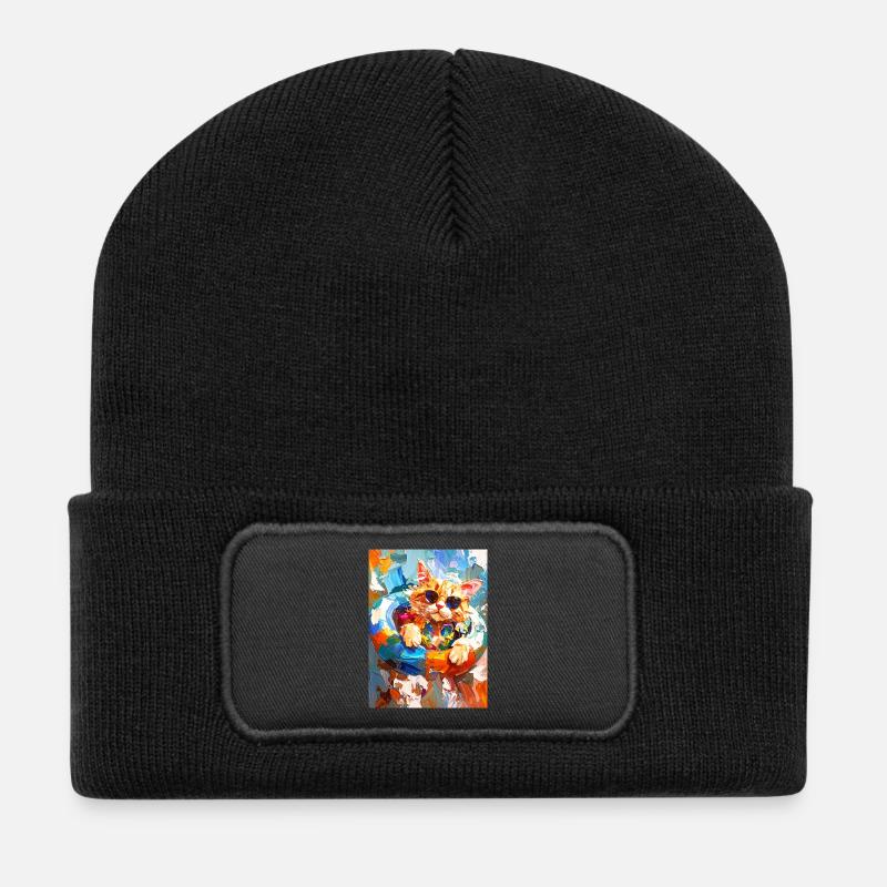 Chat cool dans un anneau de natation coloré - Beanie recyclé à patch - noir