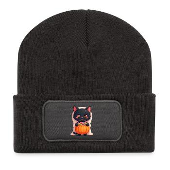 Chat d’Halloween avec citrouille d’Halloween - Beanie recyclé à patch - charbon - Devant
