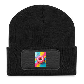 Glänzender rosa Donut, der in süßer Pop-Art-Farbe leuchtet - Recycelte Patch Beanie - Schwarz - Vorne