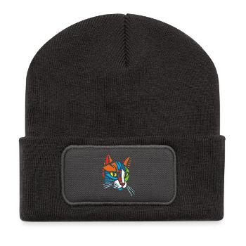 Stammes-Mosaik-Katze - Recycelte Patch Beanie - Dunkelgrau - Vorne