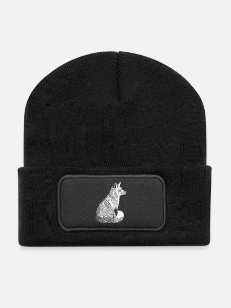 Handgezeichneter Vintage Fuchs - Recycelte Patch Beanie - Schwarz