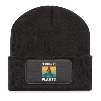 Design rétro de yoga végan – Alimenté par des plantes - Beanie recyclé à patch - charbon - Devant