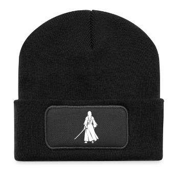 Anime Ronin Schwertkämpfer Rücken - Recycelte Patch Beanie - Schwarz - Vorne