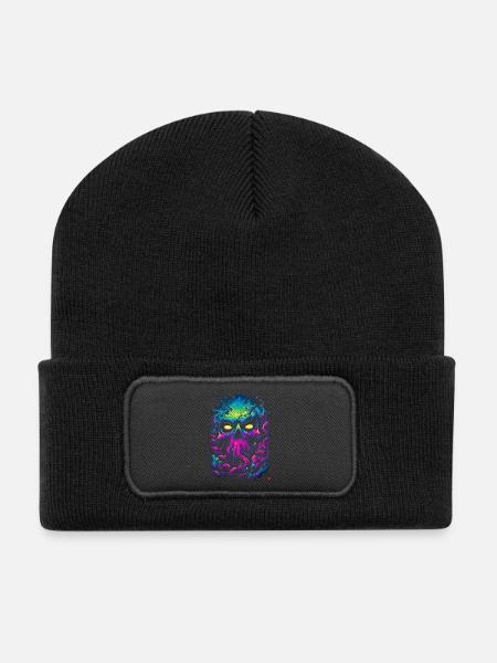 Neon skull in a sea of fog - Recycled Patch Beanie - black