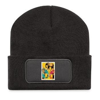 Goldfarbene Elefanten auf gelbem Hintergrund - Recycelte Patch Beanie - Dunkelgrau - Vorne