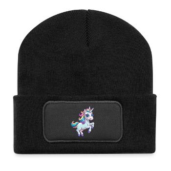 Baby-Einhorn springt - Recycelte Patch Beanie - Schwarz - Vorne